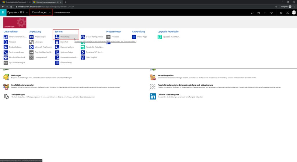 Dynamics 365 Einstellungen System > Verwaltung