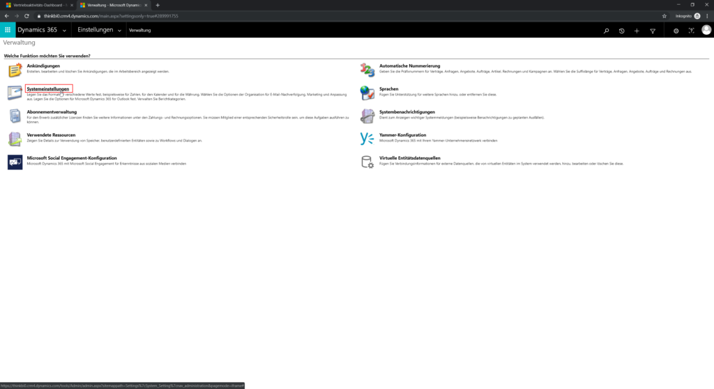 Dynamics 365 Einstellungen Systemeinstellungen