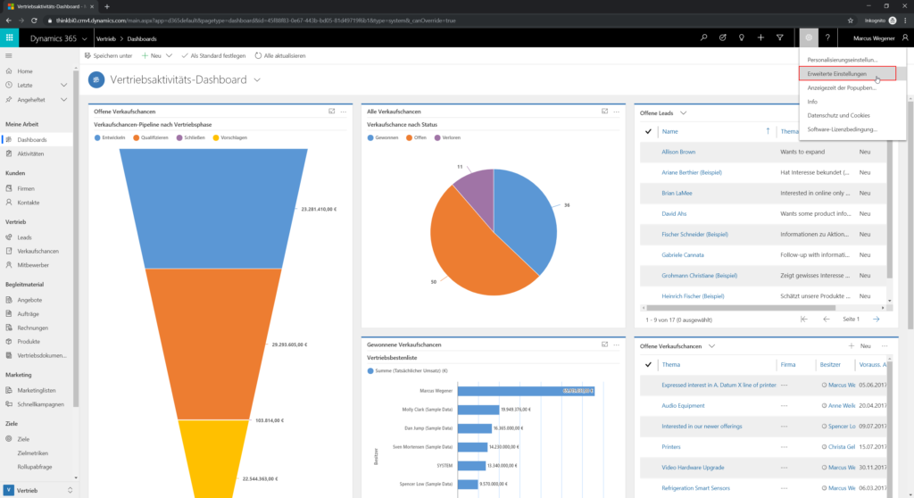 Dynamics 365 Erweiterte Einstellungen öffnen