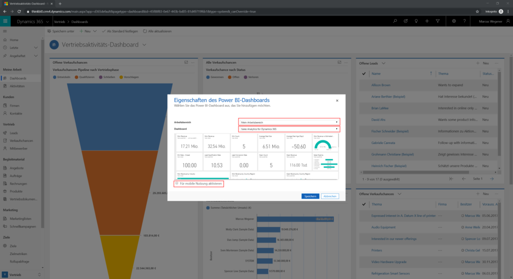 Power BI Dashboard wählen