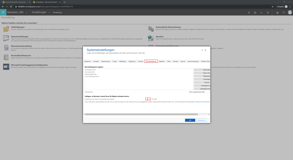 Systemeinstellung Berichtserstattung Einbettung von Power BI-Visualisierungen