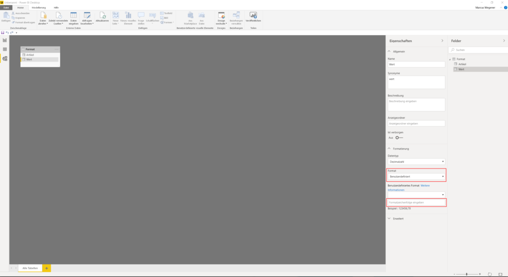 Modellierungsansicht benutzerdefinierte Formatzeichenfolge
