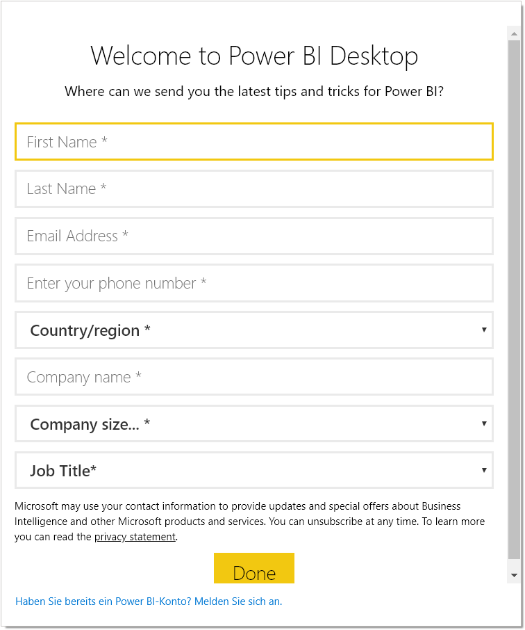 Power BI Anmeldeformular