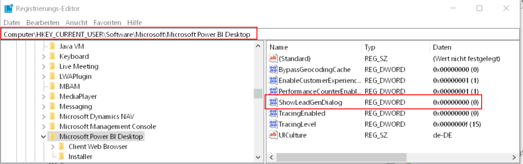 Power BI Registrierungsschlüssel setzen