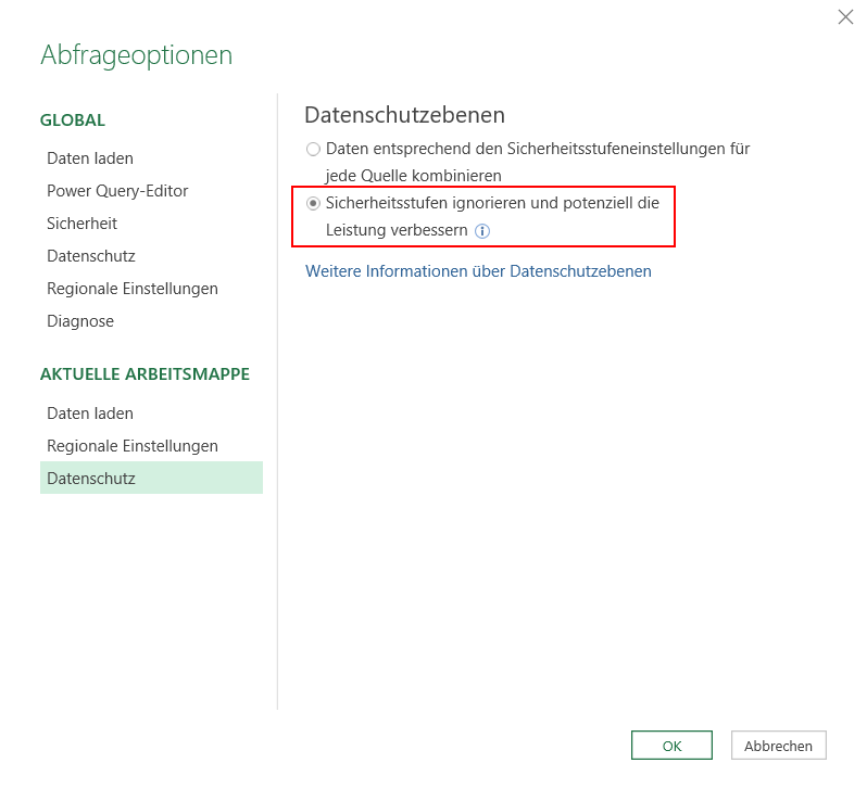 Abfrageoptionen Datenschutzebene