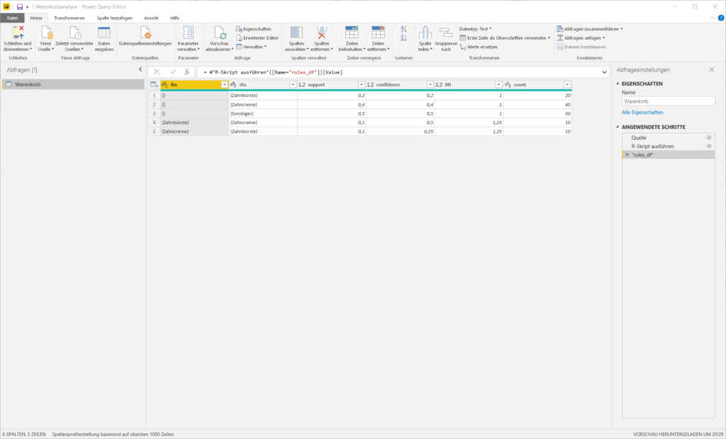 Power Query Ergebnis Warenkorbanalyse