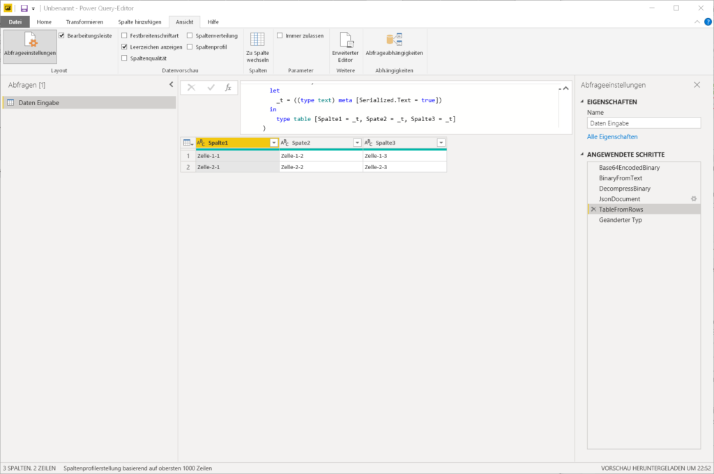 Power Query Daten eingeben Ergebnis