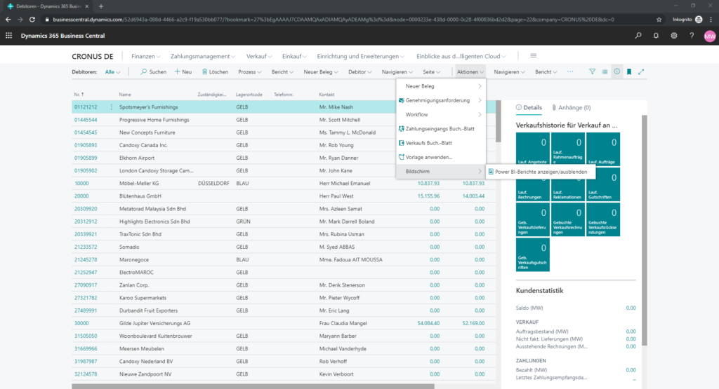 Debitorenliste Power BI-Berichte anzeigen/ausblenden