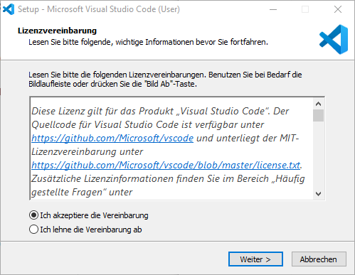 Lizenzvereinbarung Visual Studio Code