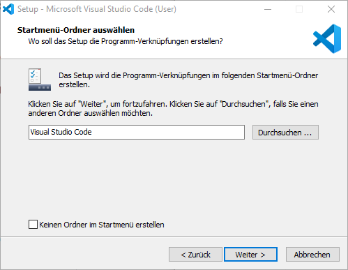 Startmenü-Ordner Visual Studio Code