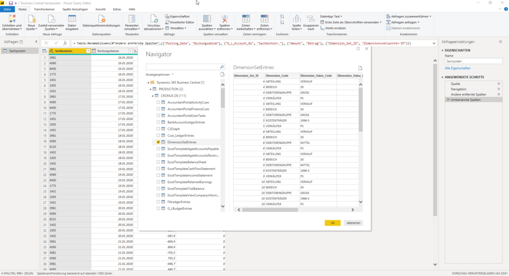 Navigator DimensionSetEntries