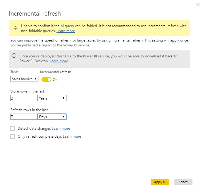Incremental refresh Dialog