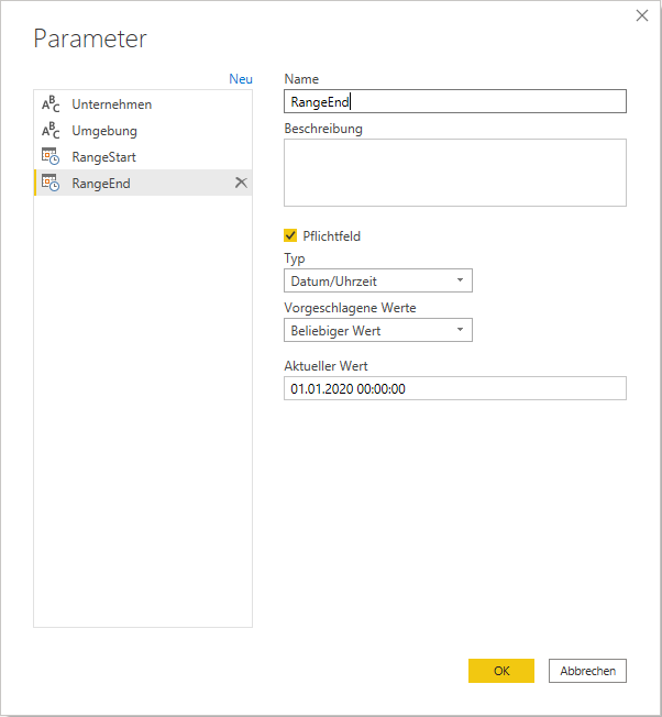 Parameter RangeStart und RangeEnd