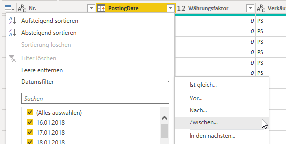 Datumsfilter Zwischen für Unterabfrage