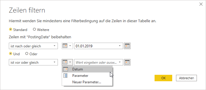 Datumsfilter Dialog Filterparameter setzen