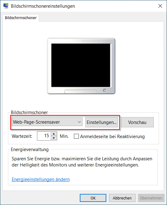 Bildschirmschonereinstellungen Dialog