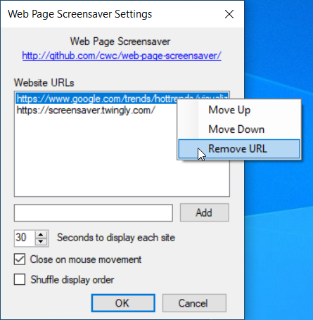 Web Page Screensaver Settings Remove URL
