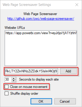Web Page Screensaver Settings