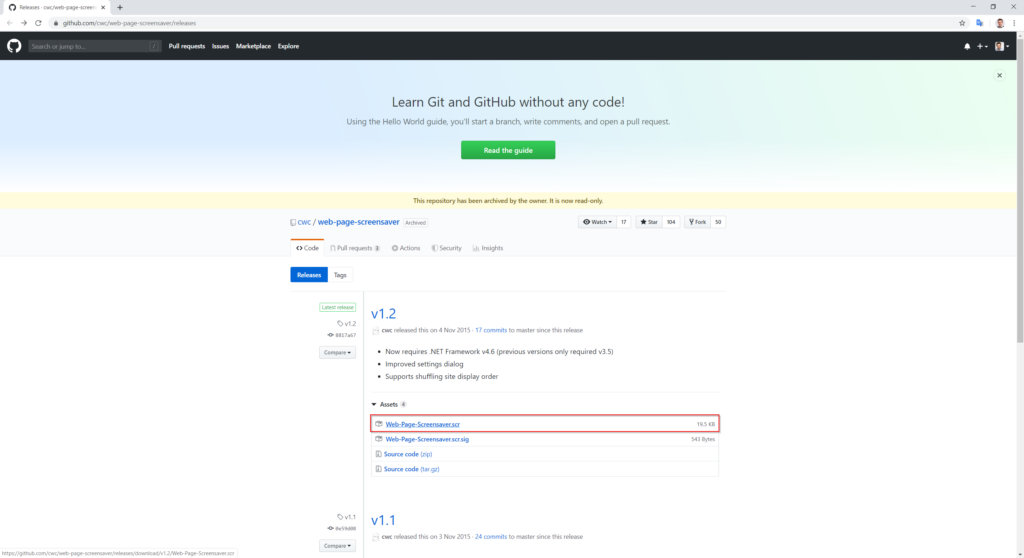 Web-Page-Screensaver download on Github