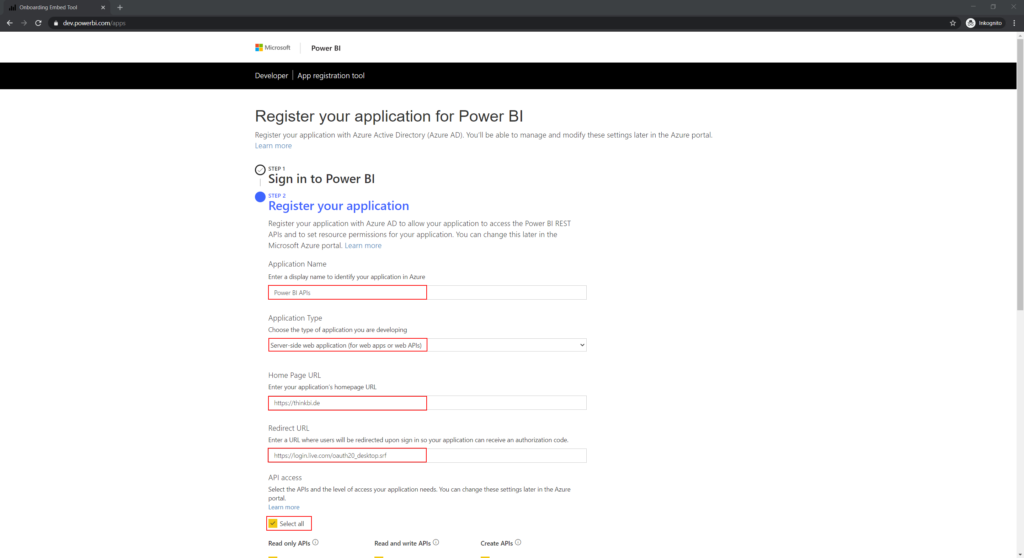 Register your application for Power BI