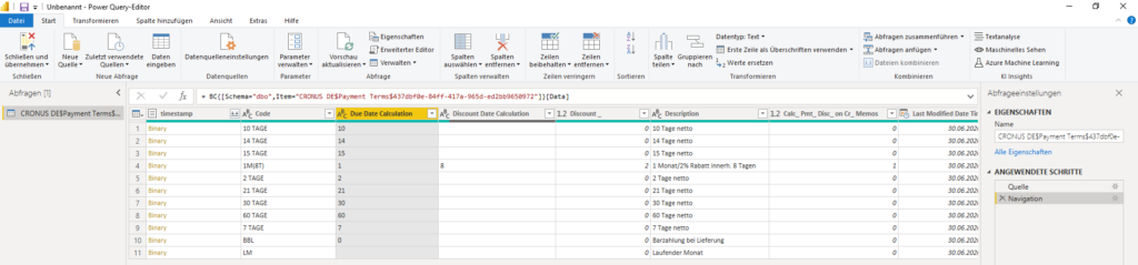 Tabelle Zahlungsbedingungen in Power Query (SQL)