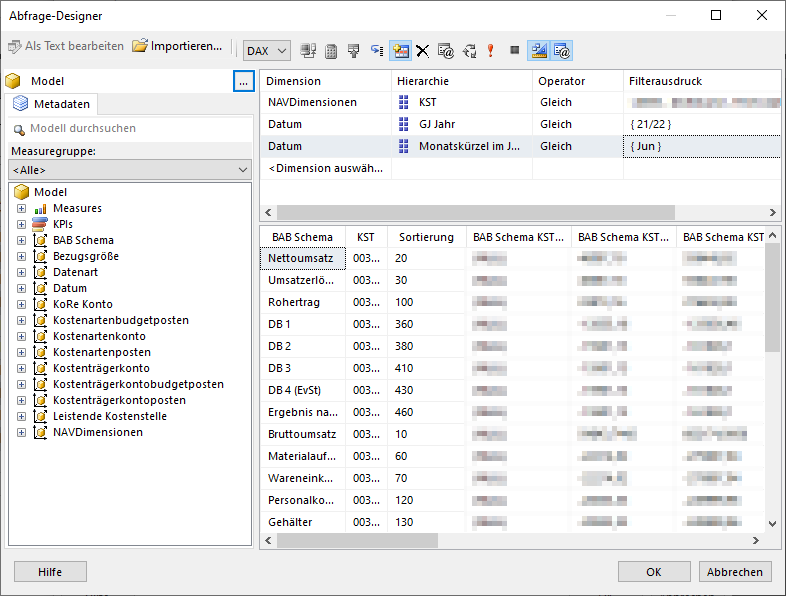 Abfrage-Designer im Power BI Report Builder führt die Abfrage zügig aus.