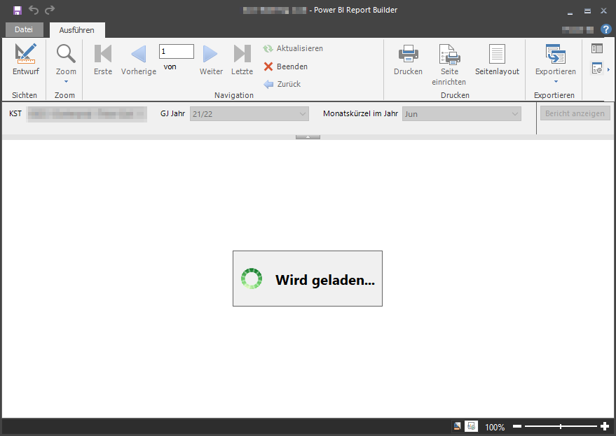 Im Anzeige Modus des Power BI Report Builder wird ewig "Wird geladen..." angezeigt.