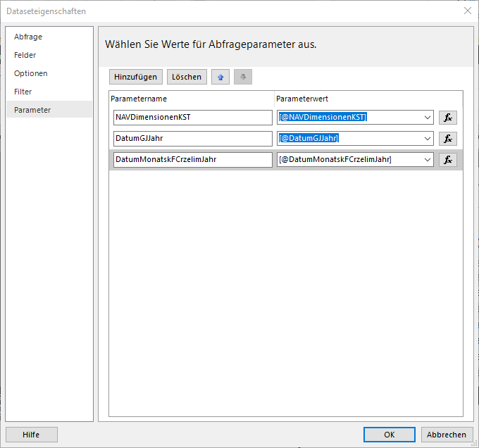 Parameter in den Dataseteigenschaften vom Power BI Report Builder