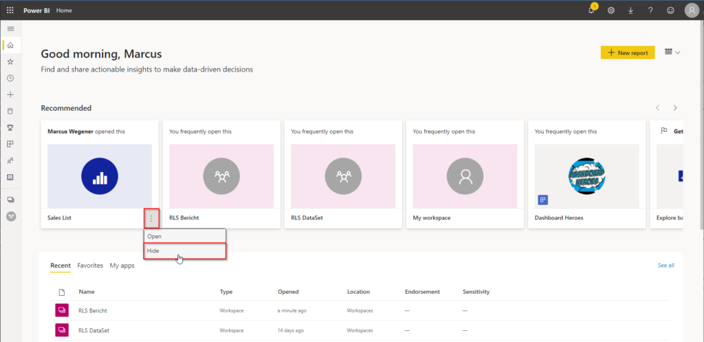 Hide report on start page in Power BI service
