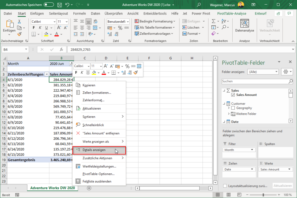 Excel - Details anzeigen