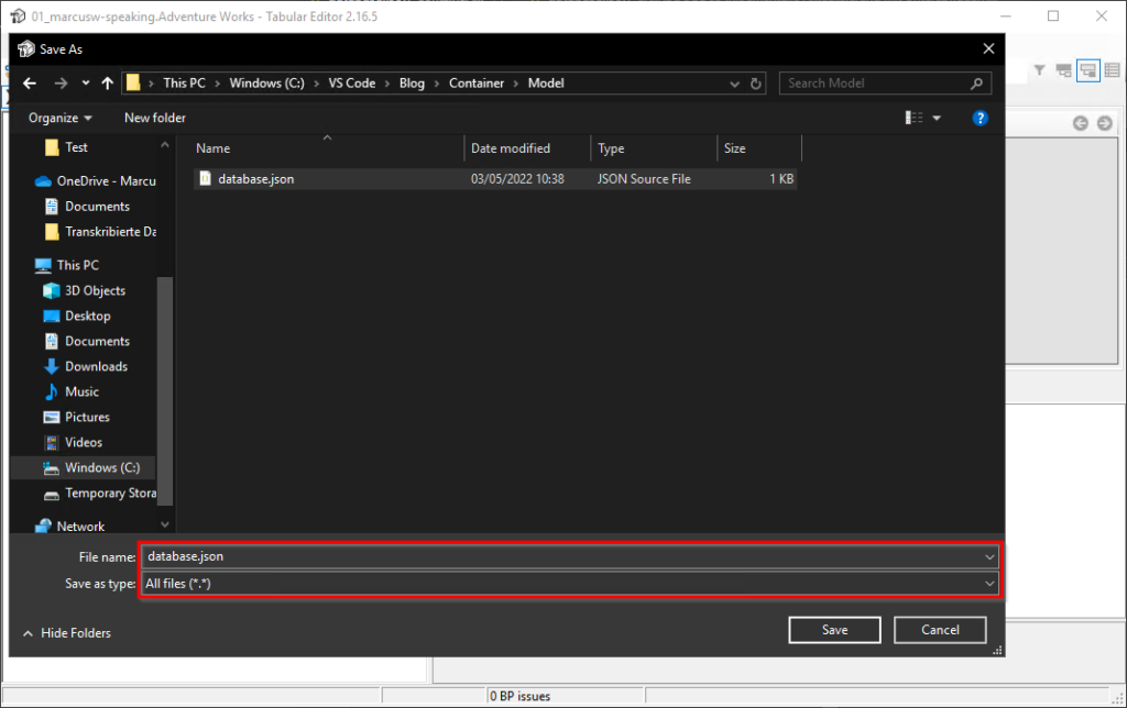 Tabular Editor Save data model as dabase.json