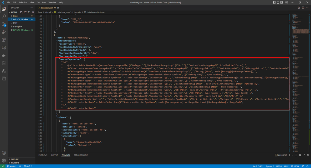 Visual Studio Code: "sourceExpression" in the corresponding "refreshPloicy" of the query