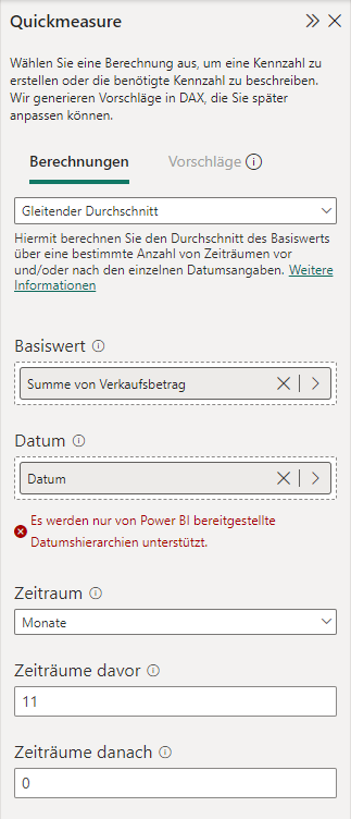 Quickmeasure Dialog für Gleitender Durchschnitt mit Fehlermeldung: "Es werden nur von Power BI bereitgestellte Datumshierarchien unterstützt"