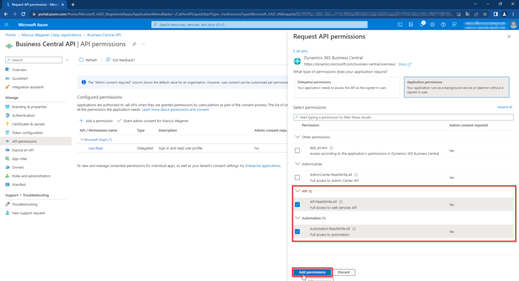 Request API permissions on Dynamics 365 Business Central - Application permissions - ReadWrite.All