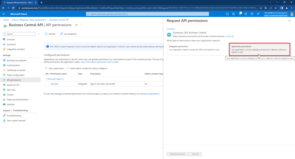 Request API permissions on Dynamics 365 Business Central - Application permissions