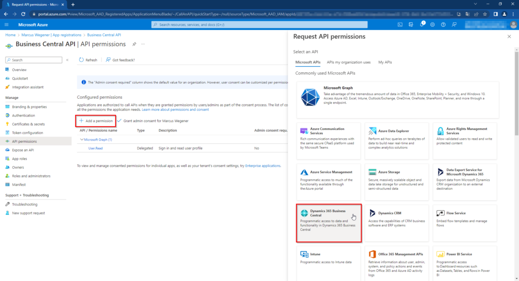 Request API permissions on Dynamics 365 Business Central