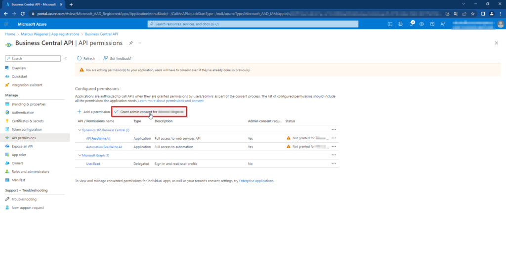 Request API permissions on Dynamics 365 Business Central - Application permissions - Grant admin