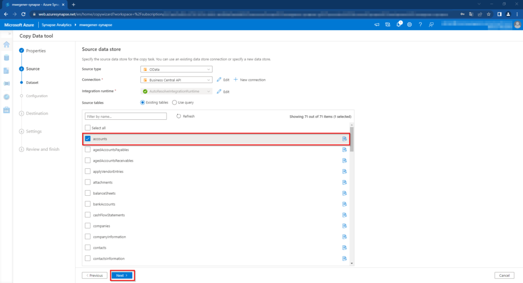 Synapse Pipelines - Source tables