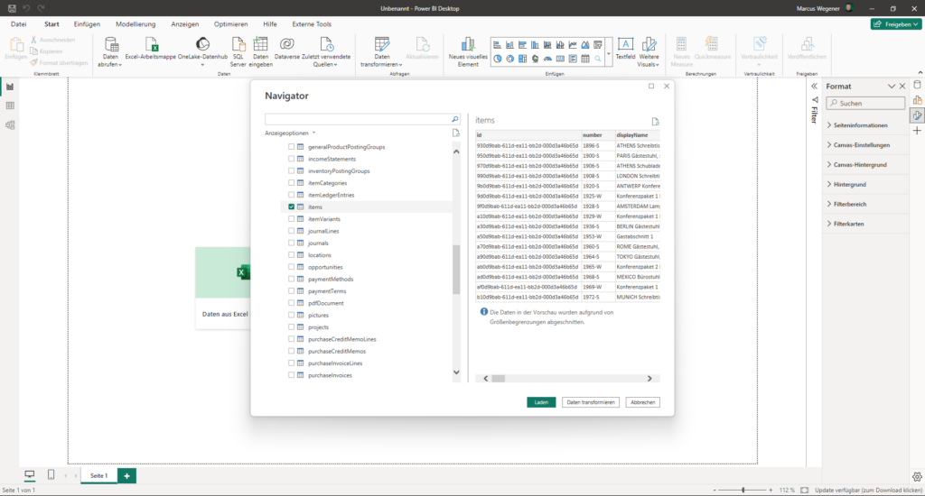 Power BI Destop - Dynamics 365 Business Central Navigator - items