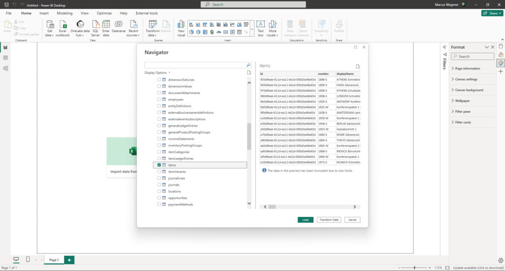 Power BI Destop - Dynamics 365 Business Central Navigator - items