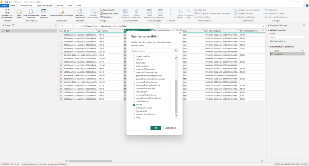 Power BI Desktop - Spalten auswählen
