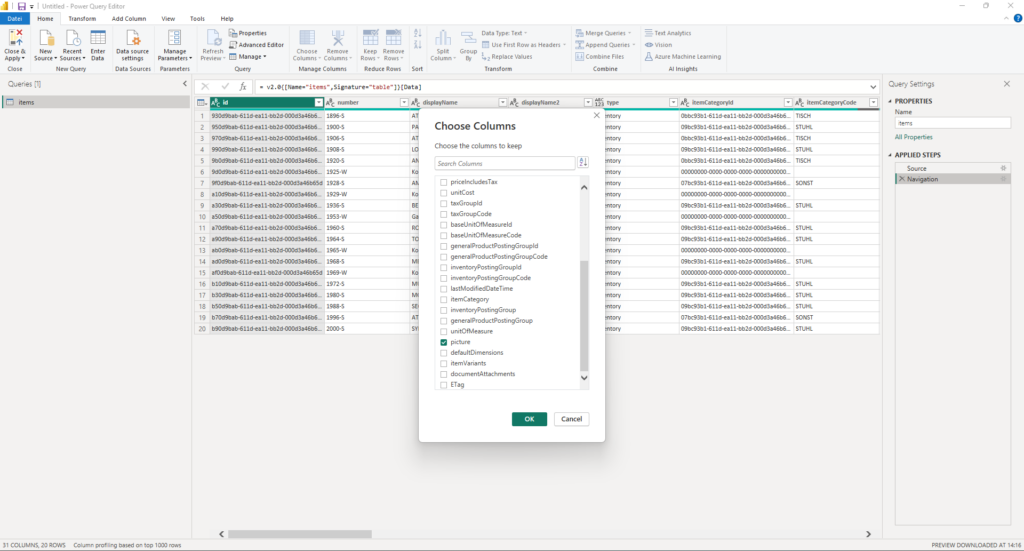 Power BI Desktop - Choose Columns