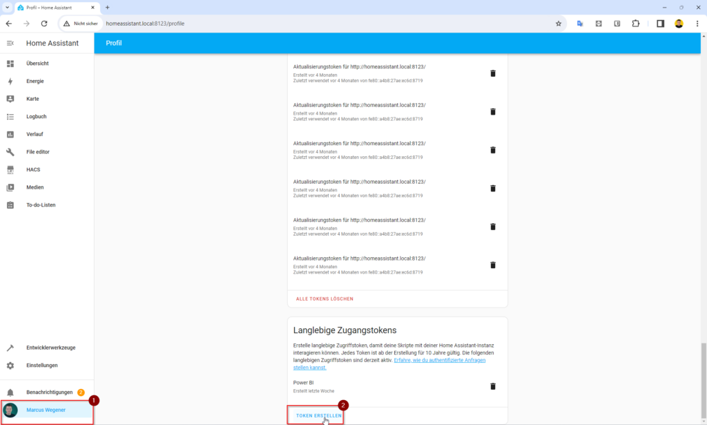 Langlebige Zugangstoken in Home Assistants erstellen.