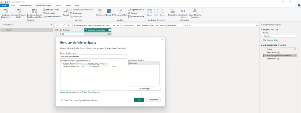 Power Query Benutzerdefinierte Spalte für Zeittransformation
