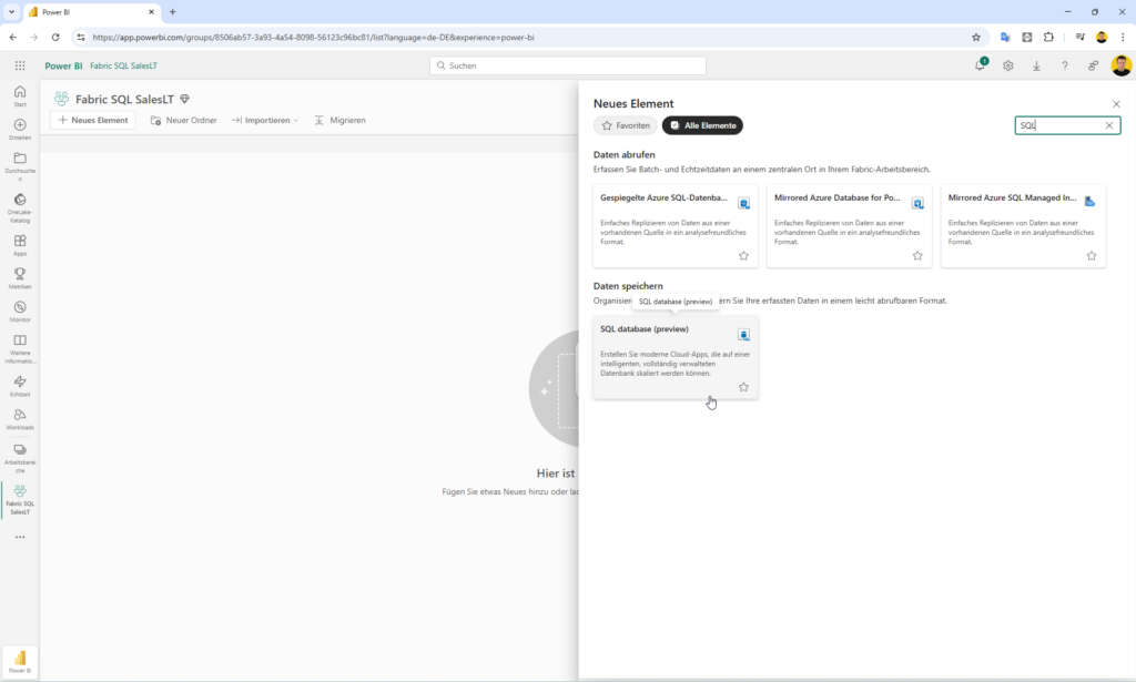 Neue SQL-Datenbank in Microsoft Fabric erstellen