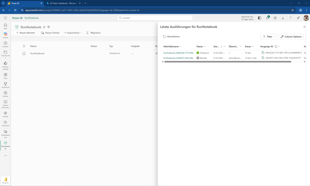 Fabric – erfolgreiche Notebook-Ausführung