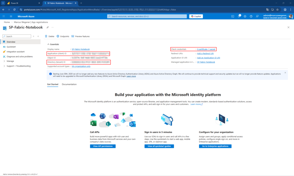 Azure App-Registrierung – Übersicht mit Client-ID, Tenant-ID und Client Secret