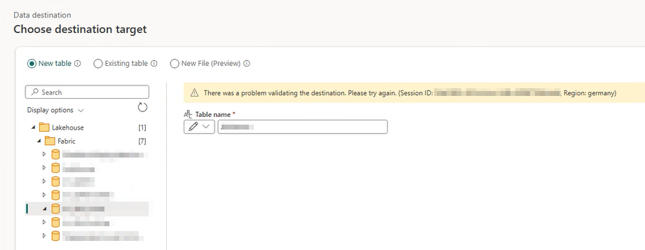 Dataflow Gen2 Destination - There was a problem validating the destination. Please try again.